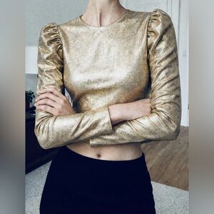 ZARA Gold Metallic Puff Sleeve Cropped Top XS Holiday Cocktail Party Glam
